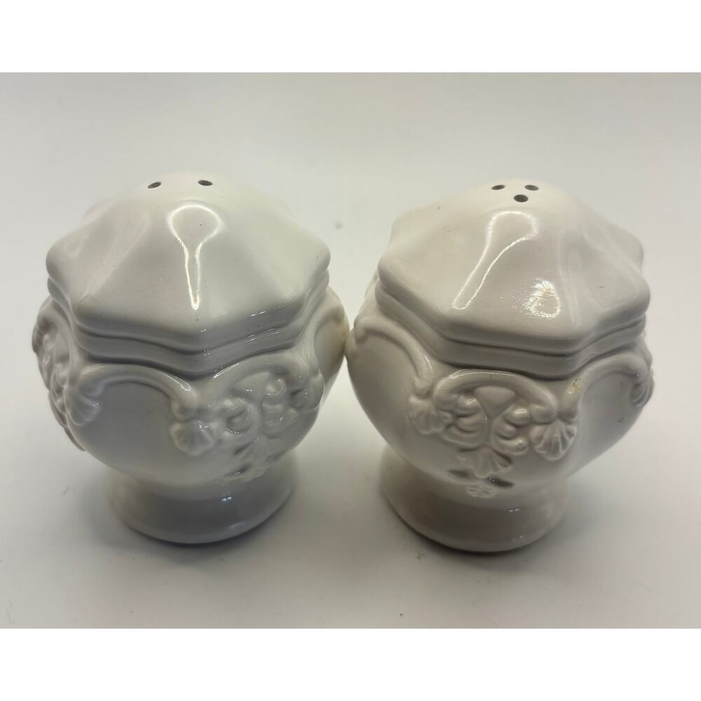 Bico China White Ceramic Salt & Pepper Shakers Floral Pedestal Set